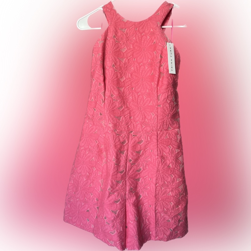 Beautiful pink Trina Turk romper with flowers, coral colored